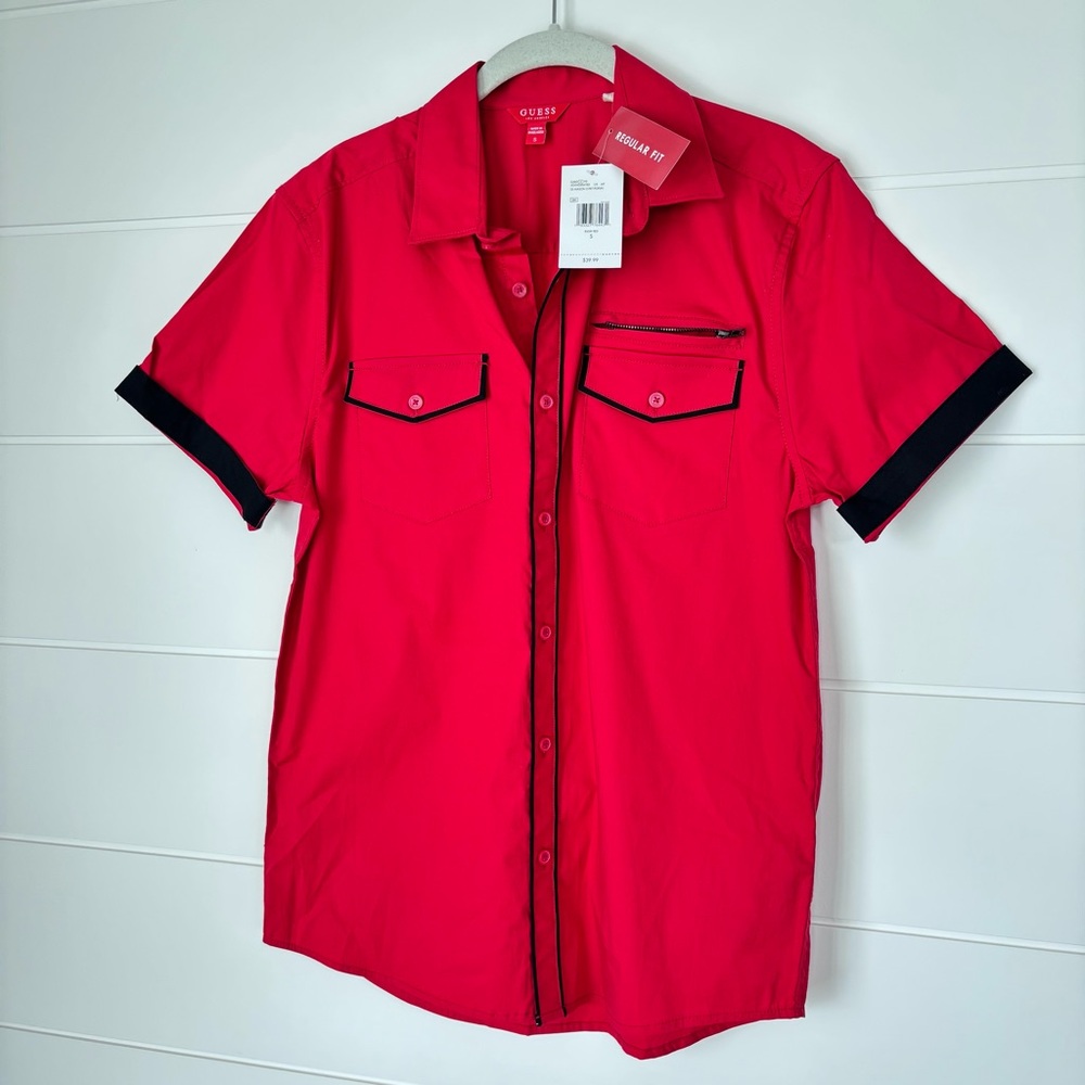 Guess Red Short Sleeve Casual Bowling Shirt Men's Rugby Red Size Small